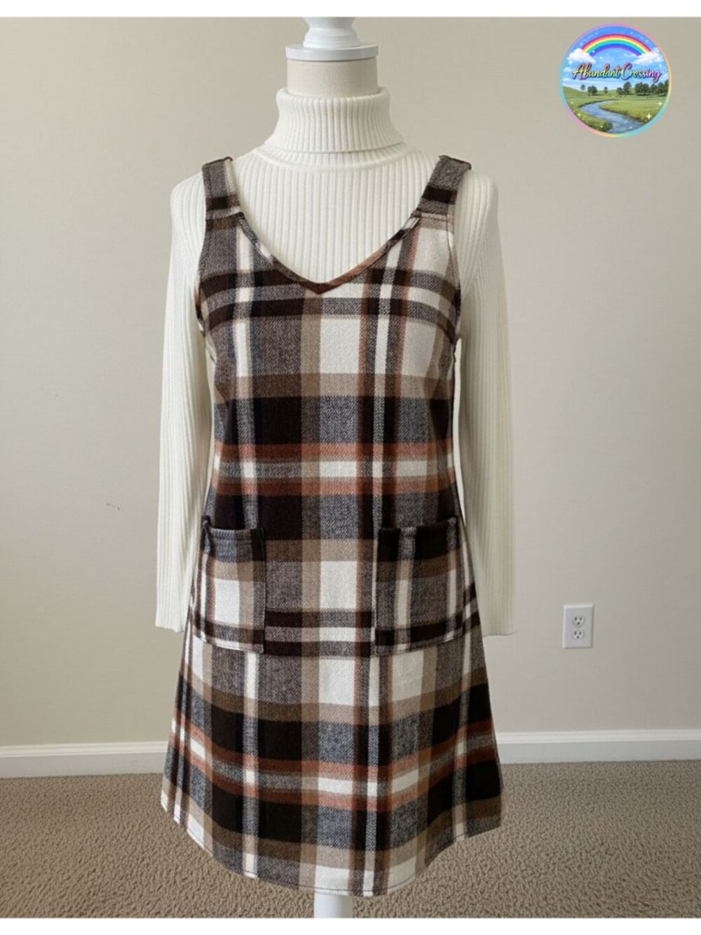 Sleeveless V-Neck Plaid Overall Dress with Pockets